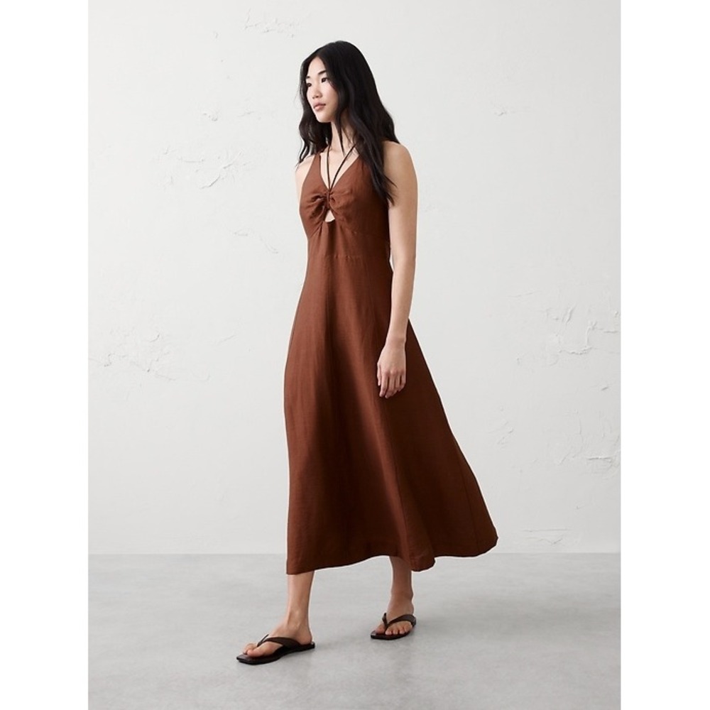 Banana Republic NWT Warm Brown Linen Blend Cutout Midi Dress Size 6